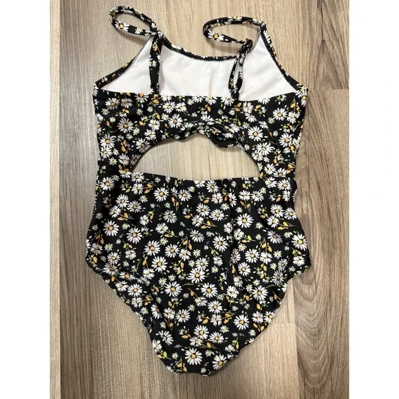 Girls Art Class Daisy Floral One Piece Swimsuit Size 8 Black Cutout Knot Front - Picture 3 of 6